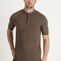 Medium Brown Polo Neck Slim Fit Narrow Cut Linen Cotton T-Shirt