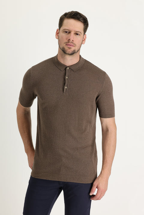 Medium Brown Polo Neck Slim Fit Narrow Cut Linen Cotton T-Shirt