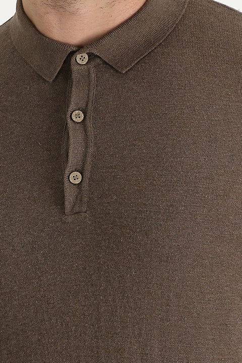 Medium Brown Polo Neck Slim Fit Narrow Cut Linen Cotton T-Shirt