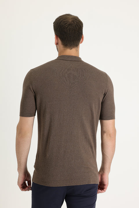 Medium Brown Polo Neck Slim Fit Narrow Cut Linen Cotton T-Shirt
