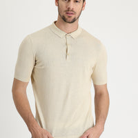 Medium Beige Polo Collar Slim Fit Narrow Cut Cotton Linen Blend T-shirt