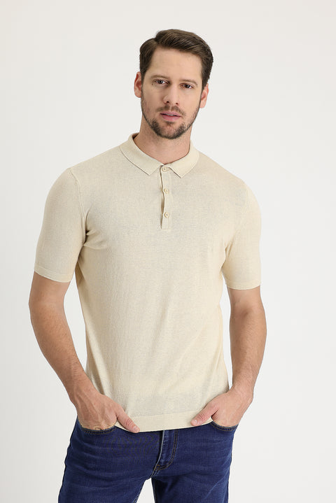 Medium Beige Polo Collar Slim Fit Narrow Cut Cotton Linen Blend T-shirt
