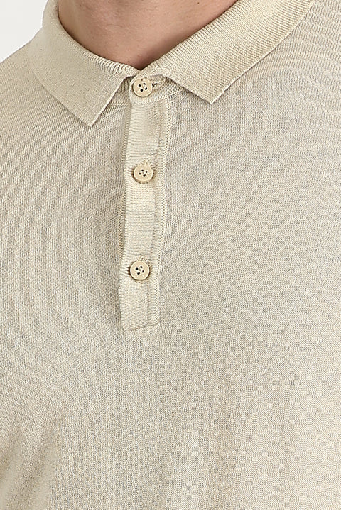 Medium Beige Polo Collar Slim Fit Narrow Cut Cotton Linen Blend T-shirt