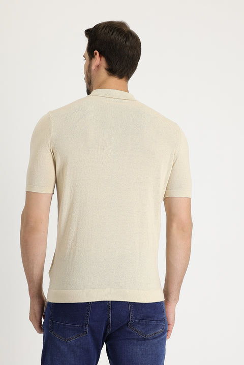 Medium Beige Polo Collar Slim Fit Narrow Cut Cotton Linen Blend T-shirt