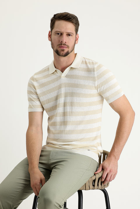 Medium Beige Polo Collar Patterned T-shirt