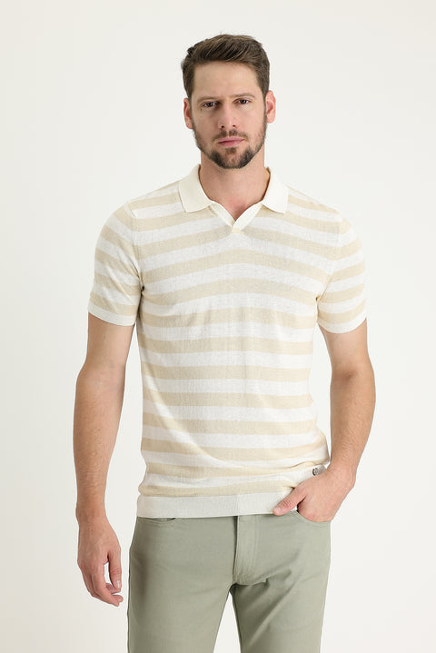 Medium Beige Polo Collar Patterned T-shirt