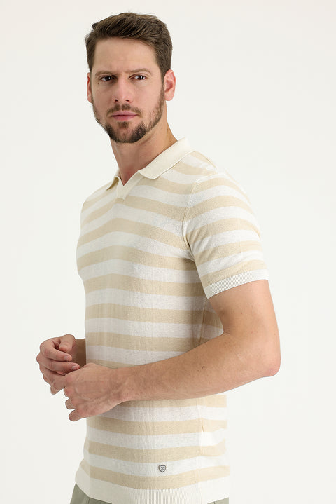 Medium Beige Polo Collar Patterned T-shirt