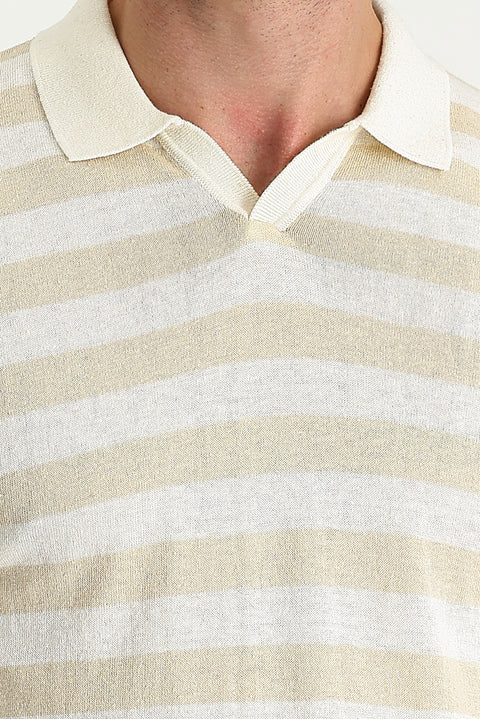 Medium Beige Polo Collar Patterned T-shirt