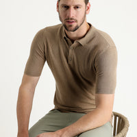 Tan Polo Collar Slim Fit Narrow Cut Cotton Linen Blend T-shirt