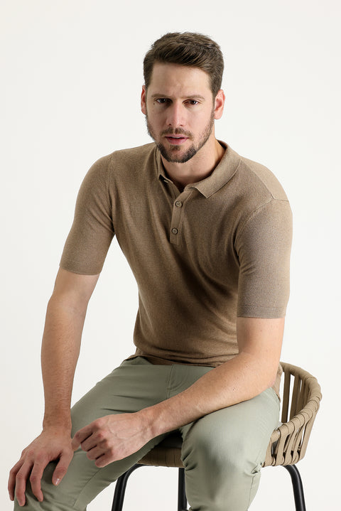Tan Polo Collar Slim Fit Narrow Cut Cotton Linen Blend T-shirt