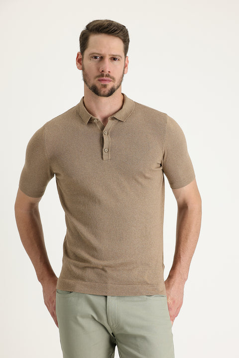 Tan Polo Collar Slim Fit Narrow Cut Cotton Linen Blend T-shirt