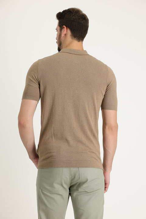 Tan Polo Collar Slim Fit Narrow Cut Cotton Linen Blend T-shirt