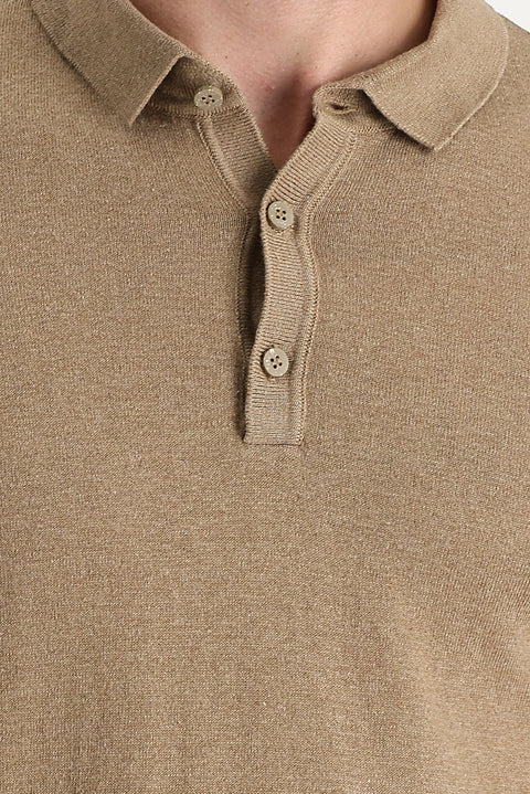 Tan Polo Collar Slim Fit Narrow Cut Cotton Linen Blend T-shirt
