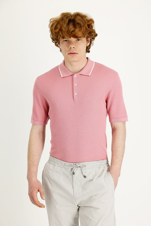 Medium Pink Polo Collar Slim Fit Narrow Cut T-Shirt