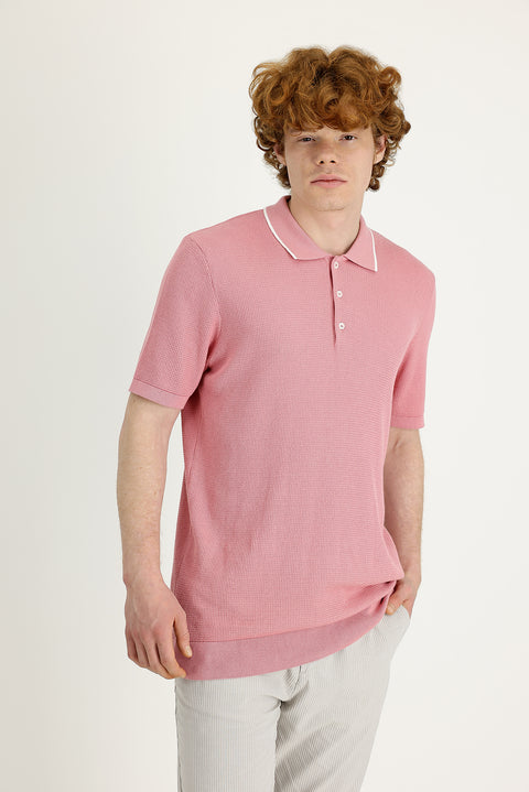 Medium Pink Polo Collar Slim Fit Narrow Cut T-Shirt