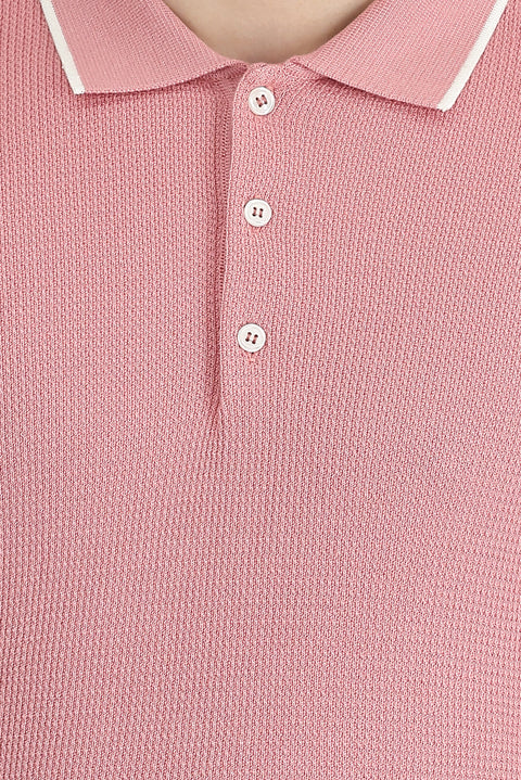 Medium Pink Polo Collar Slim Fit Narrow Cut T-Shirt
