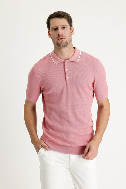 Medium Pink Polo Collar Slim Fit Patterned T-shirt