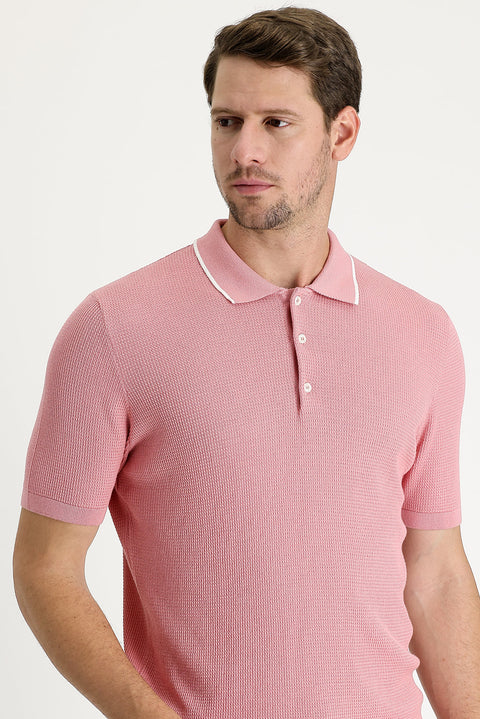 Medium Pink Polo Collar Slim Fit Patterned T-shirt