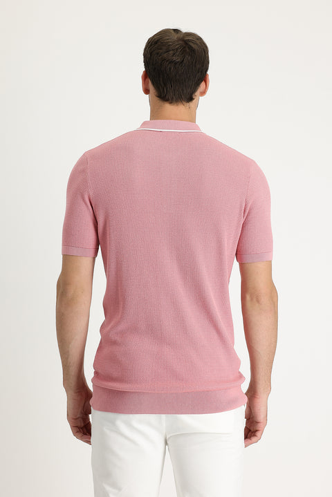 Medium Pink Polo Collar Slim Fit Patterned T-shirt