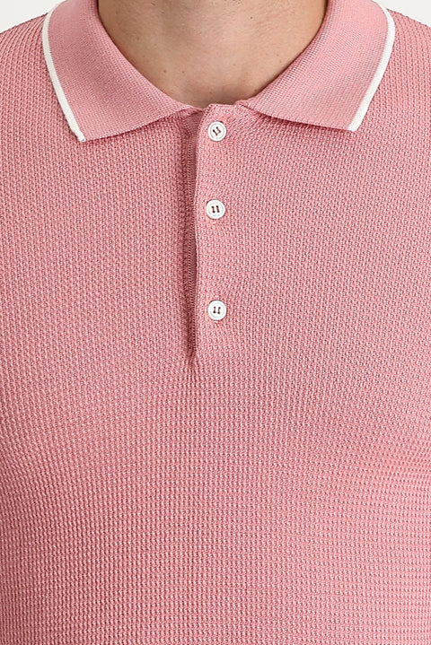 Medium Pink Polo Collar Slim Fit Patterned T-shirt