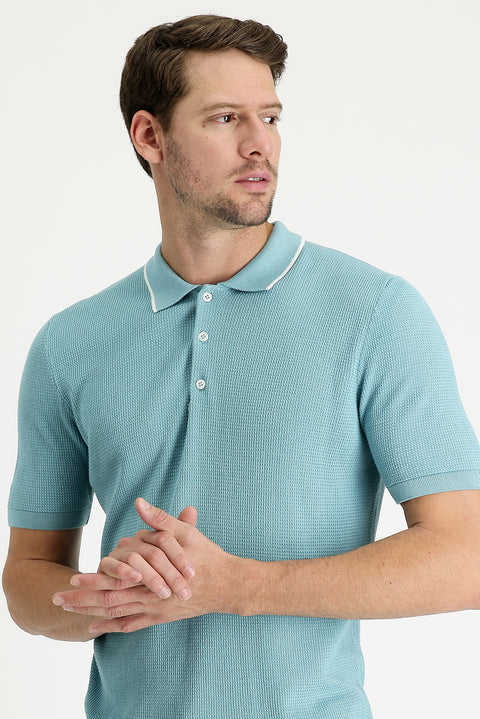 Medium Turquoise Polo Collar Slim Fit Patterned T-shirt