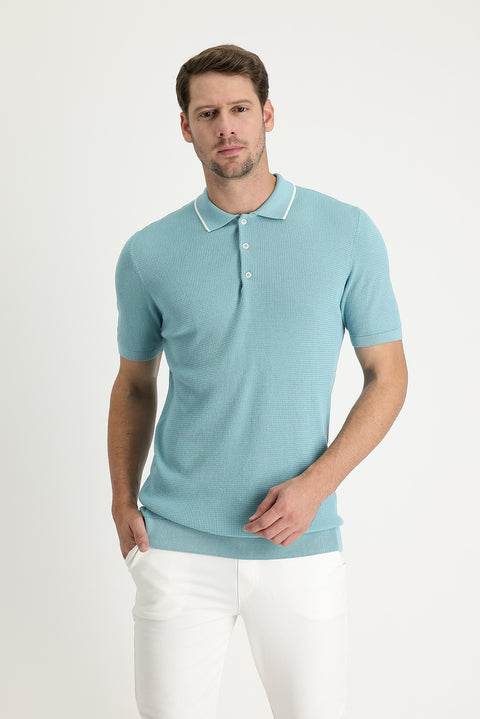 Medium Turquoise Polo Collar Slim Fit Patterned T-shirt