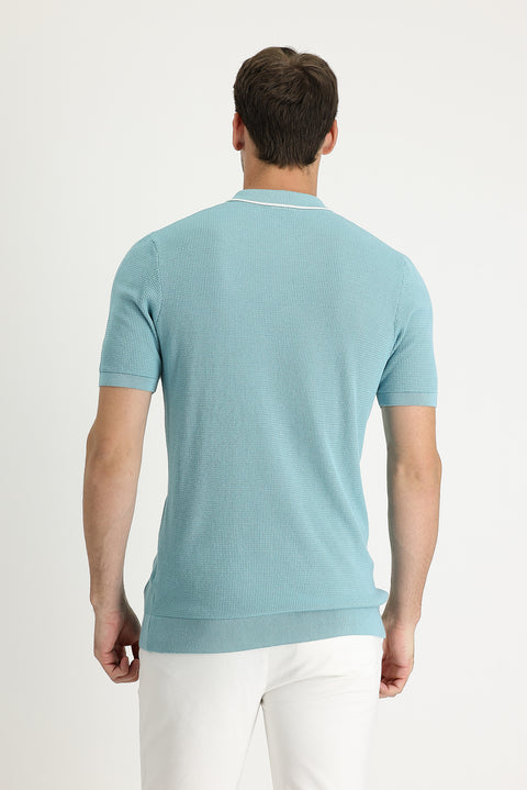 Medium Turquoise Polo Collar Slim Fit Patterned T-shirt