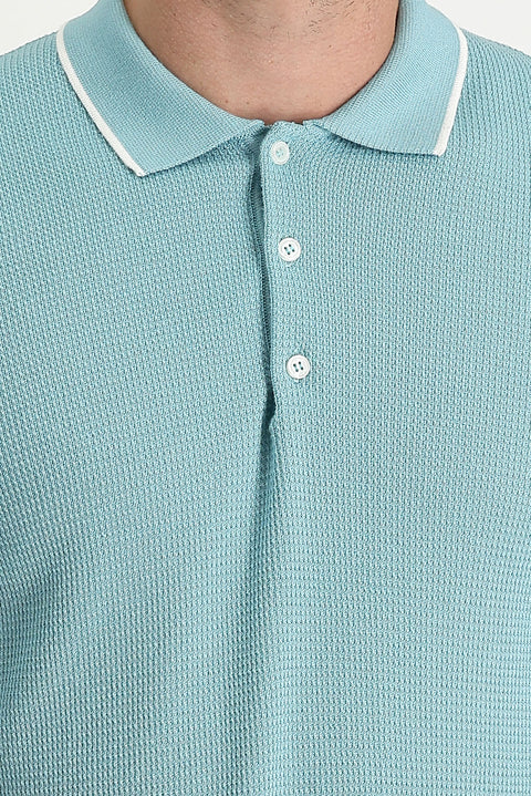 Medium Turquoise Polo Collar Slim Fit Patterned T-shirt