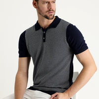 Medium Navy Polo Collar Slim Fit Patterned T-shirt