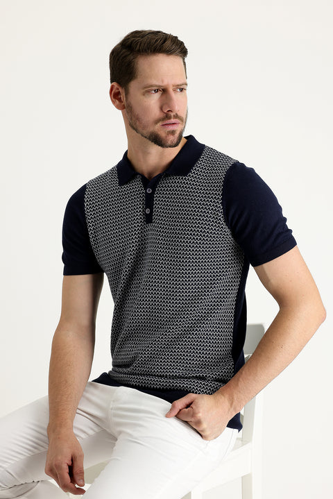 Medium Navy Polo Collar Slim Fit Patterned T-shirt