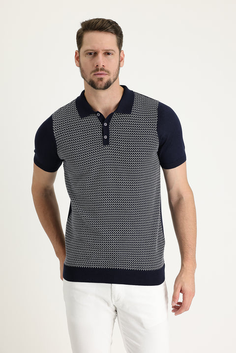Medium Navy Polo Collar Slim Fit Patterned T-shirt
