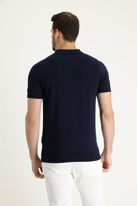 Medium Navy Polo Collar Slim Fit Patterned T-shirt