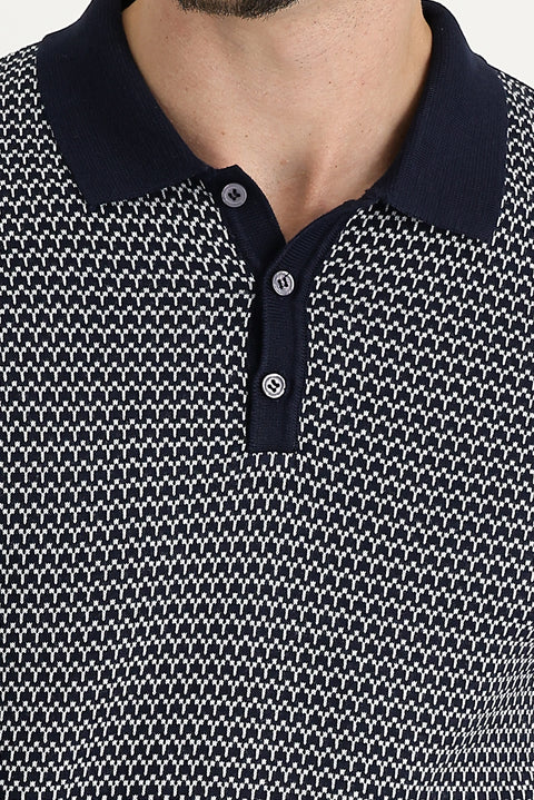 Medium Navy Polo Collar Slim Fit Patterned T-shirt