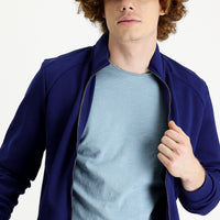 Medium Navy Blue Stand Collar Slim Fit Narrow Cut Zip-Up Cotton Sweatshirt