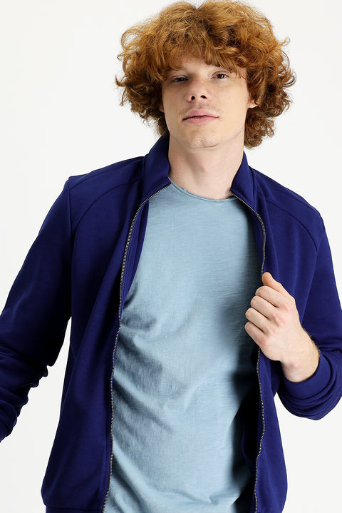 Medium Navy Blue Stand Collar Slim Fit Narrow Cut Zip-Up Cotton Sweatshirt