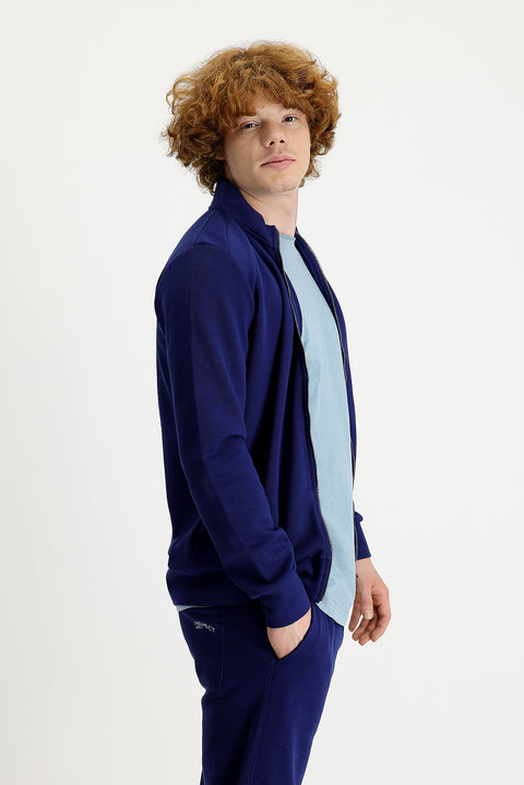 Medium Navy Blue Stand Collar Slim Fit Narrow Cut Zip-Up Cotton Sweatshirt