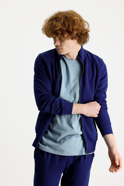 Medium Navy Blue Stand Collar Slim Fit Narrow Cut Zip-Up Cotton Sweatshirt