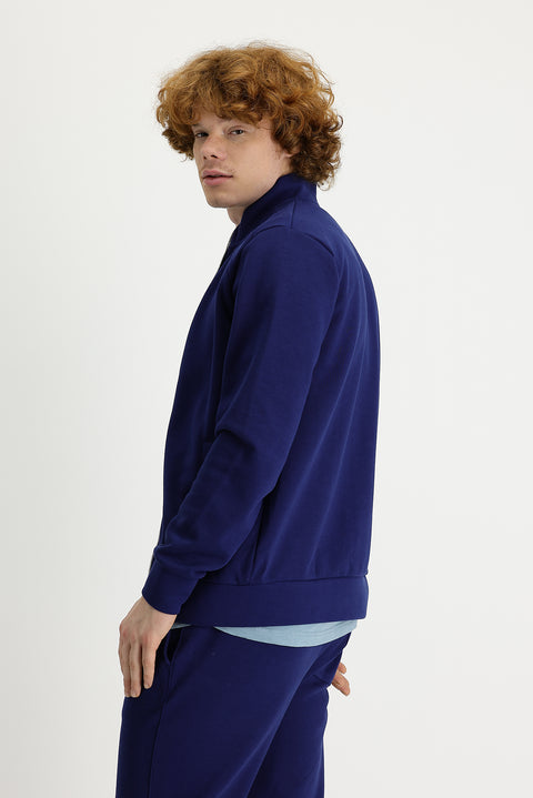 Medium Navy Blue Stand Collar Slim Fit Narrow Cut Zip-Up Cotton Sweatshirt