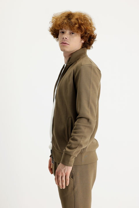 Dark Beige Stand-Up Collar Slim Fit Narrow Cut Zippered Sweatshirt