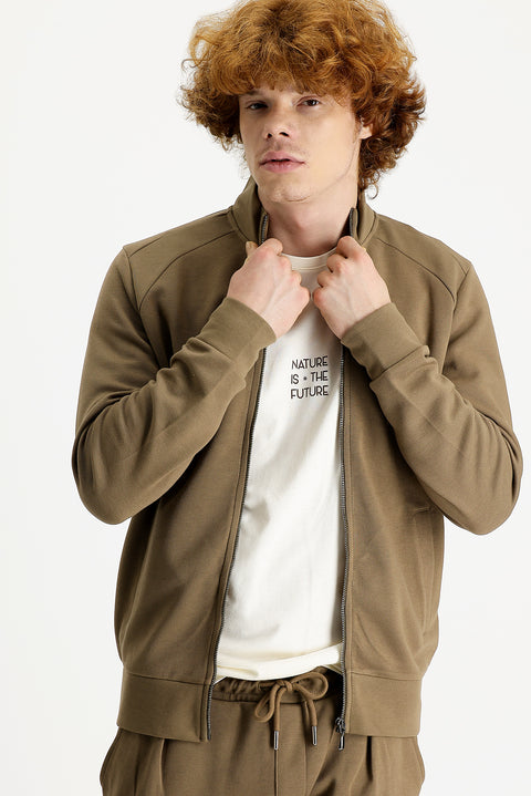 Dark Beige Stand-Up Collar Slim Fit Narrow Cut Zippered Sweatshirt