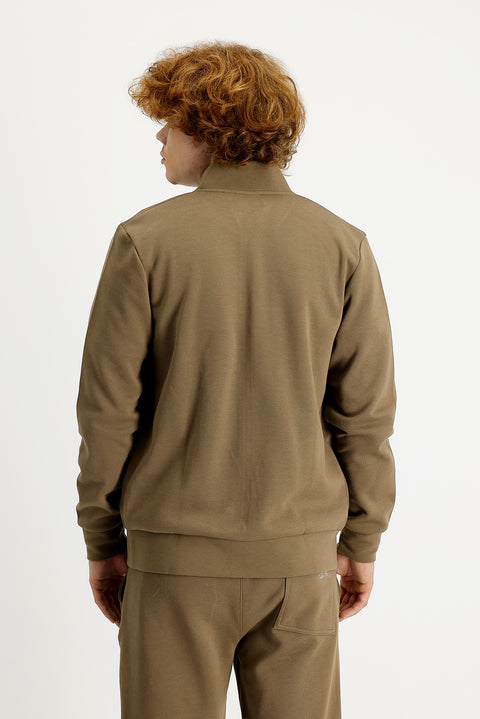Dark Beige Stand-Up Collar Slim Fit Narrow Cut Zippered Sweatshirt