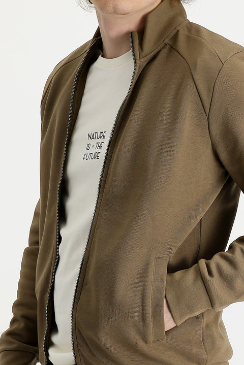 Dark Beige Stand-Up Collar Slim Fit Narrow Cut Zippered Sweatshirt