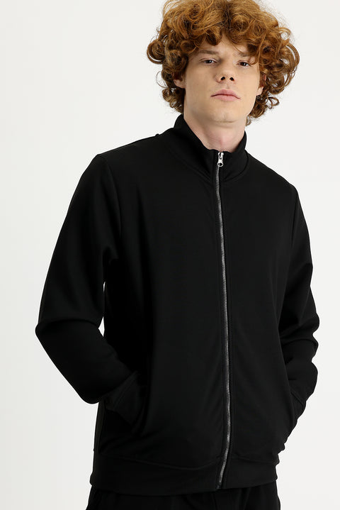 Black Semi-Turtleneck Zip-Up Sweatshirt