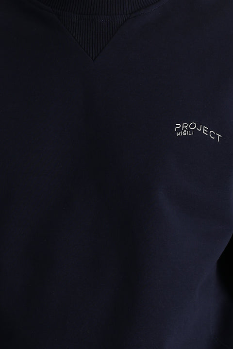 Medium Navy Crew Neck Slim Fit Printed Sweatshirt