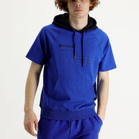 Navy Blue Hooded Short-Sleeve Printed Cotton Sweatshirt