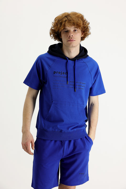 Navy Blue Hooded Short-Sleeve Printed Cotton Sweatshirt