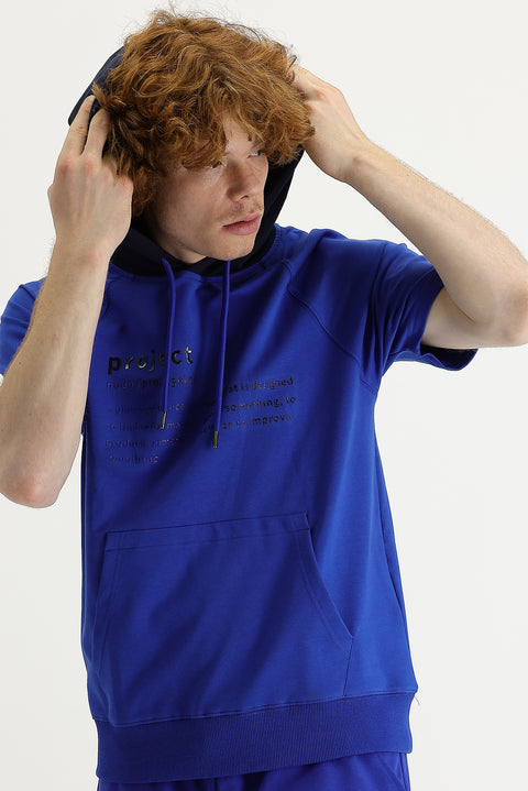 Navy Blue Hooded Short-Sleeve Printed Cotton Sweatshirt