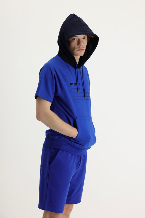 Navy Blue Hooded Short-Sleeve Printed Cotton Sweatshirt