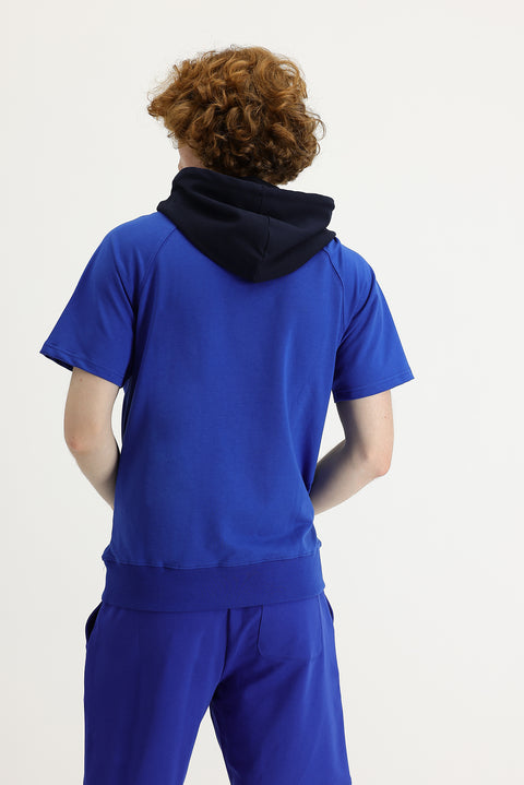 Navy Blue Hooded Short-Sleeve Printed Cotton Sweatshirt