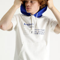 Off-white hooded short-sleeved printed cotton sweatshirt.
